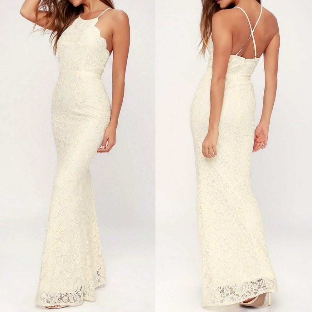 Lulu's Zenith Floral Lace Maxi Dress Scalloped High Neck Gown Cream Small